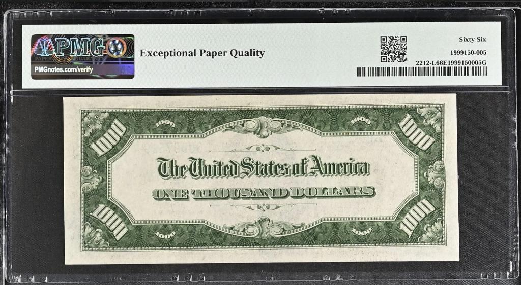 $1,000 1934A FRN San Francisco PMG 66 EPQ: reverse showing Exceptional Paper Quality label
